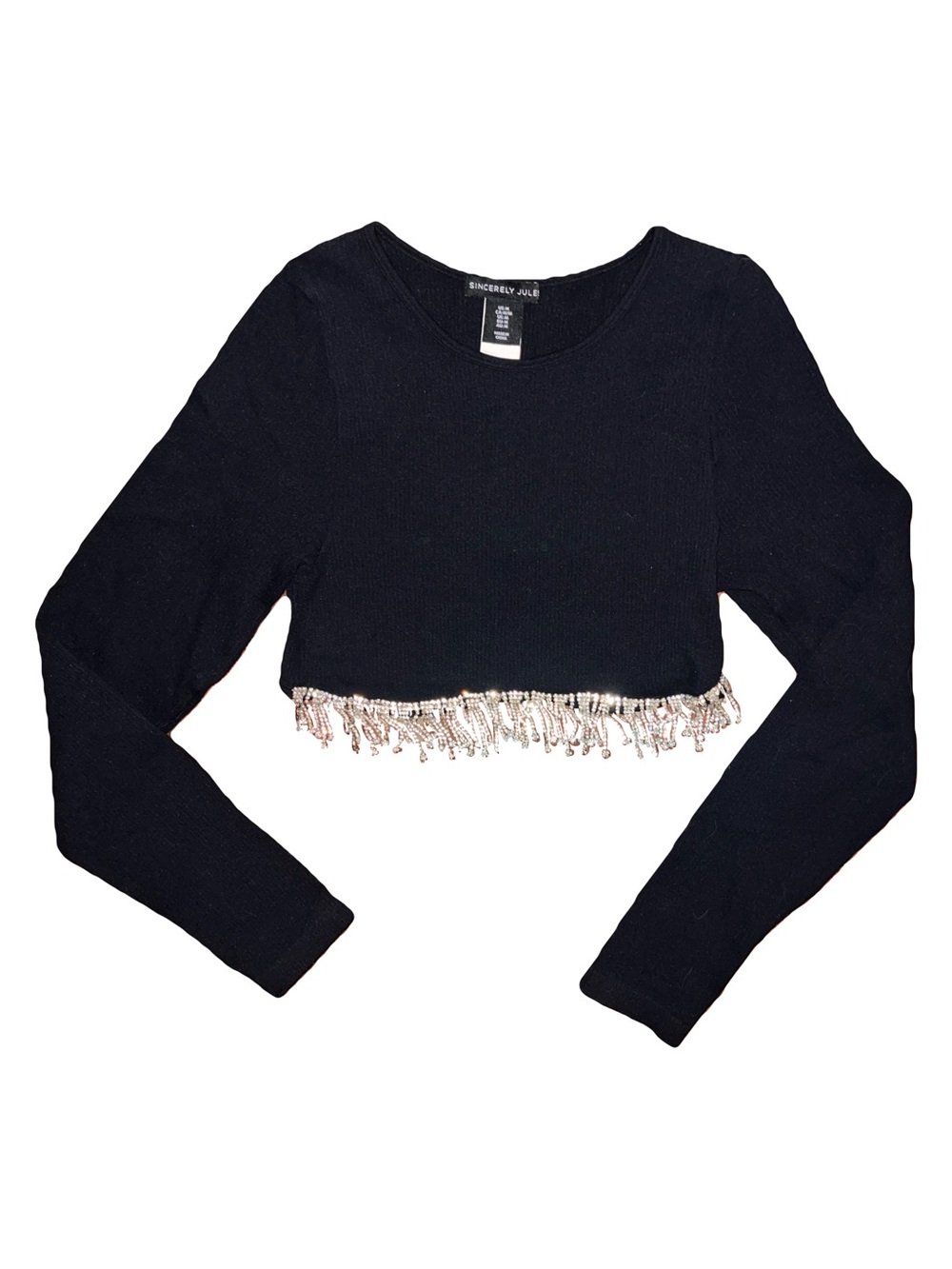 Sincerly Jules Black Cropped Sweater with Silver Beaded Fringe